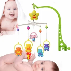 Colorful baby bed shaking bell with soft hanging toys designed to entertain newborn babies, stimulate sensory development, and improve hand-eye coordination.