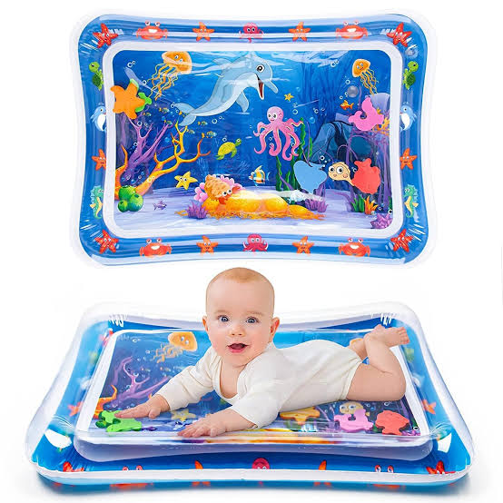 Inflatable baby tummy time water mat with floating marine animals for sensory play