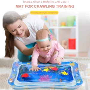 Inflatable baby tummy time water mat with floating marine animals for sensory play