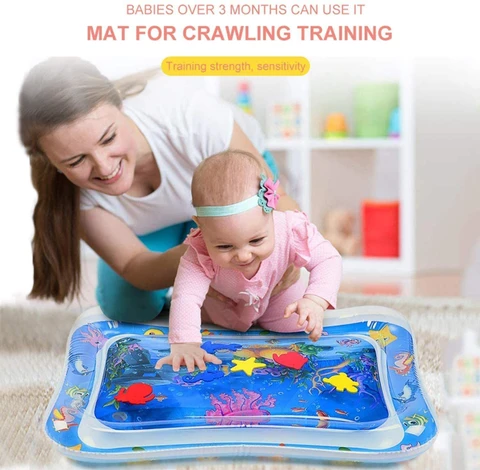 Inflatable baby tummy time water mat with floating marine animals for sensory play