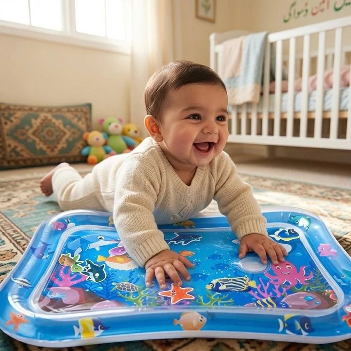 Inflatable baby tummy time water mat with floating marine animals for sensory play