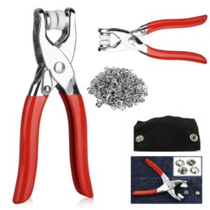 Stainless Steel Tich Button Tool with 50 Snaps – Red Handle Snap Fastener Pliers