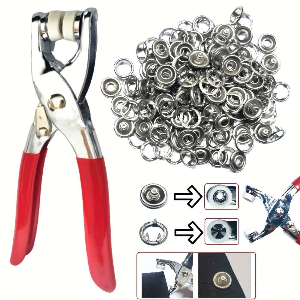 Stainless Steel Tich Button Tool with 50 Snaps – Red Handle Snap Fastener Pliers